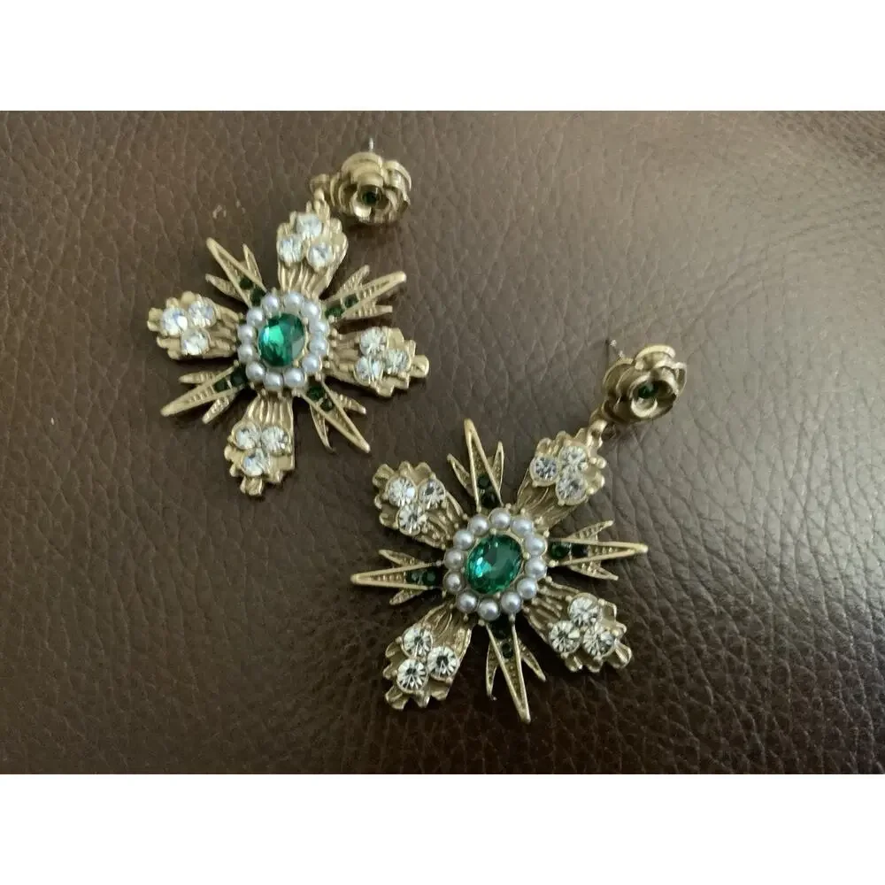 Regal Pearl Cross Flower Museum Earrings Goddess Gold Ornate StudVTG Baroque Art